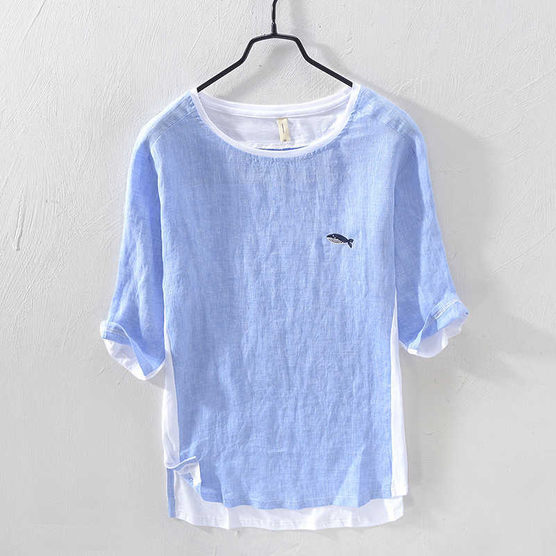 Summer Cotton Linen Patchwork T Shirt For Men Chest Little Whale Embroidery Fashion Short Sleeve Tshirt Loose Tee&Tops 210721