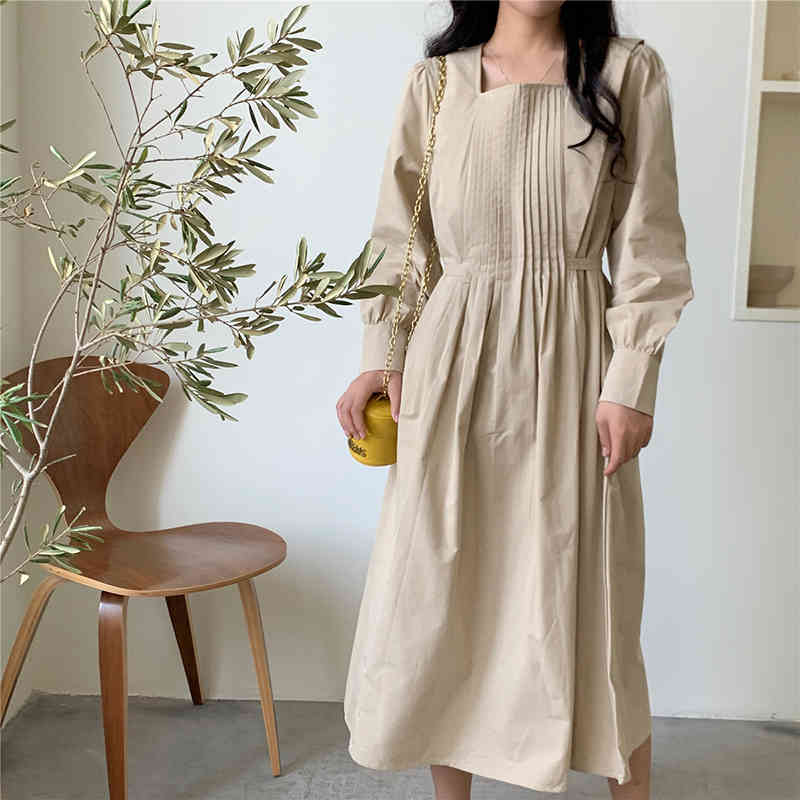 QOERLIN Minimalist Korean Retro Temperament Square Collar Long Sleeve Pleated LaceUp High Waist Dress Office Elegant Maxi Dress 210412