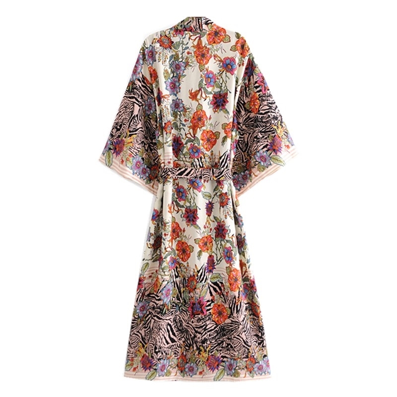 Bohemia Locate Floral Print Long Kimono Shirt Hippie Women Lacing up Tie Bow Sashes Cardigan Loose Blouse BOHO Tops Holiday 210429