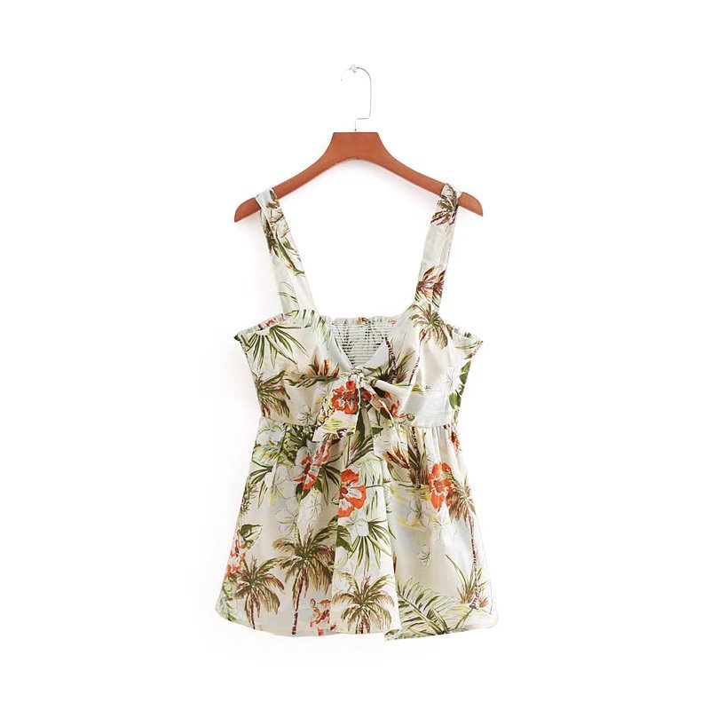Summer style women leaf printing bowknot backless sling T-shirt fashion ruffled hem sexy short tank tops feminina camiseta T891 210430Z