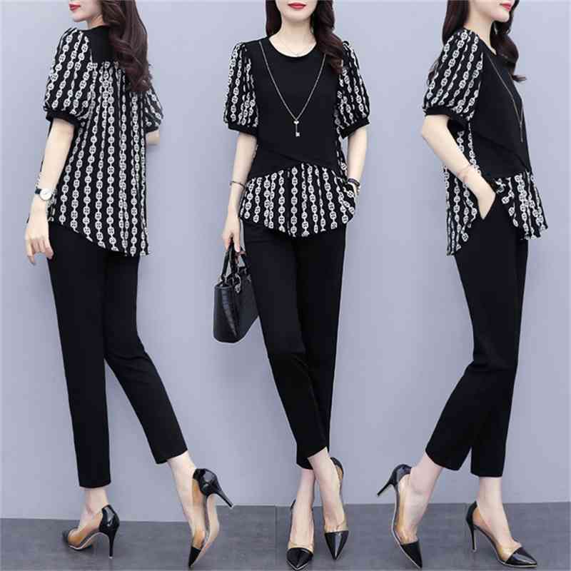 Summer Fashion Loose Pants Set Women 2 Piece Sets Plus Size Outfits Korean Short Sleeve Tunic Tops + Elastic Waist Suits 210514