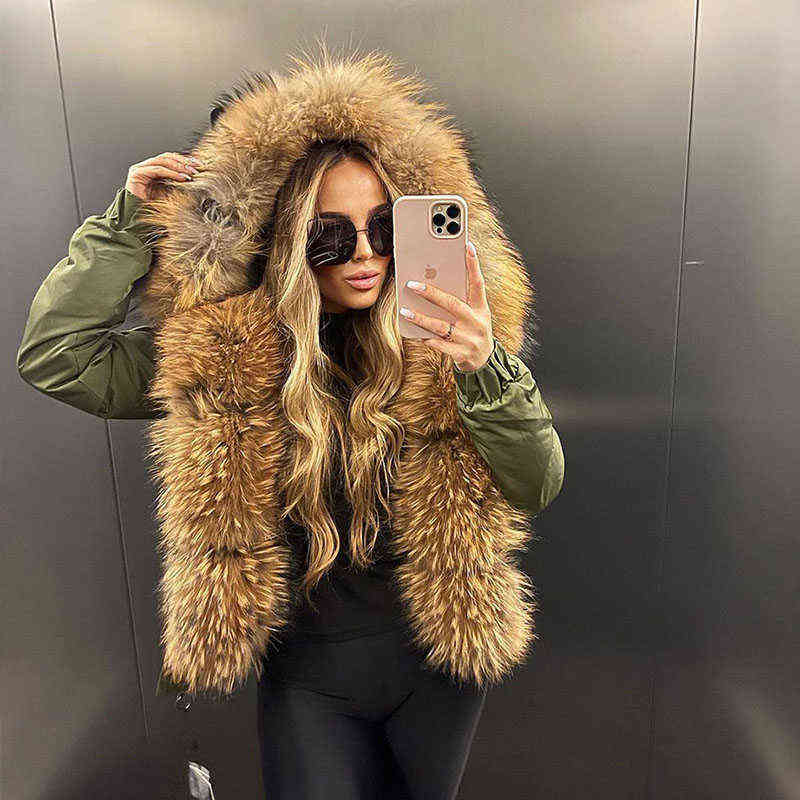 MAOMAOKONG Fashion short Women's Real fur coat natural raccoon big fur collar winter parka bomber jacket Waterproof 211206