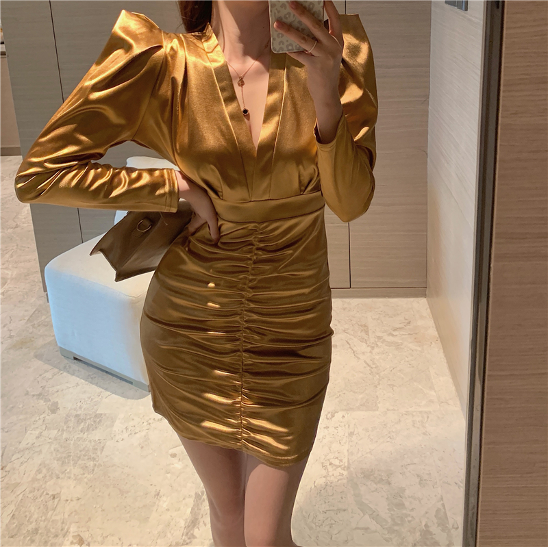 Autumn new design womens sexy deep v-neck puff long sleeve satin glossy fabric drapped bodycon tunic pencil dress