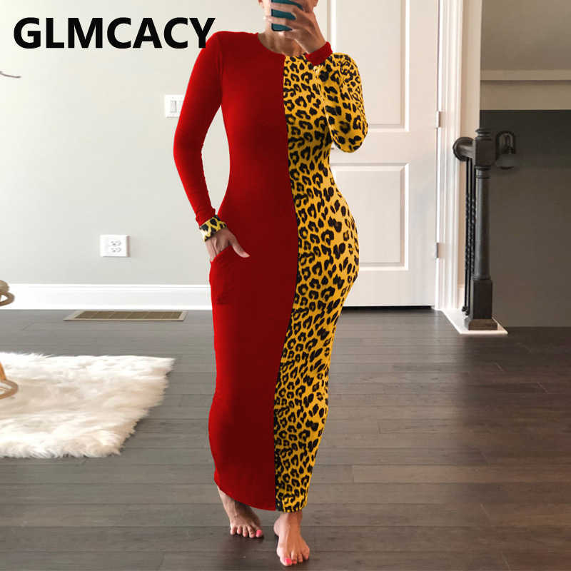 Women Casual Long Sleeve Dress Leopard Colorblock Slim Maxi Dresses 210702