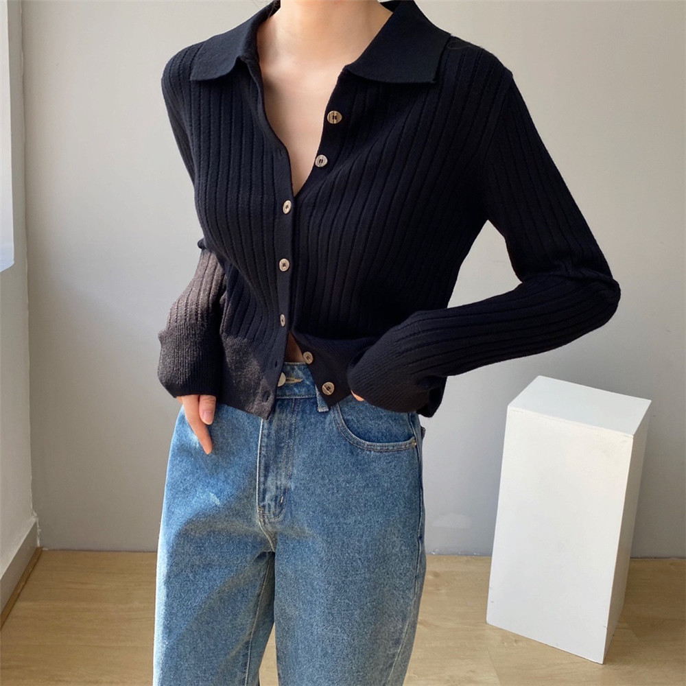 Women Knitted Cardigan Long-sleeved Lapel Sweater Women's Slim Coat C-164 210522