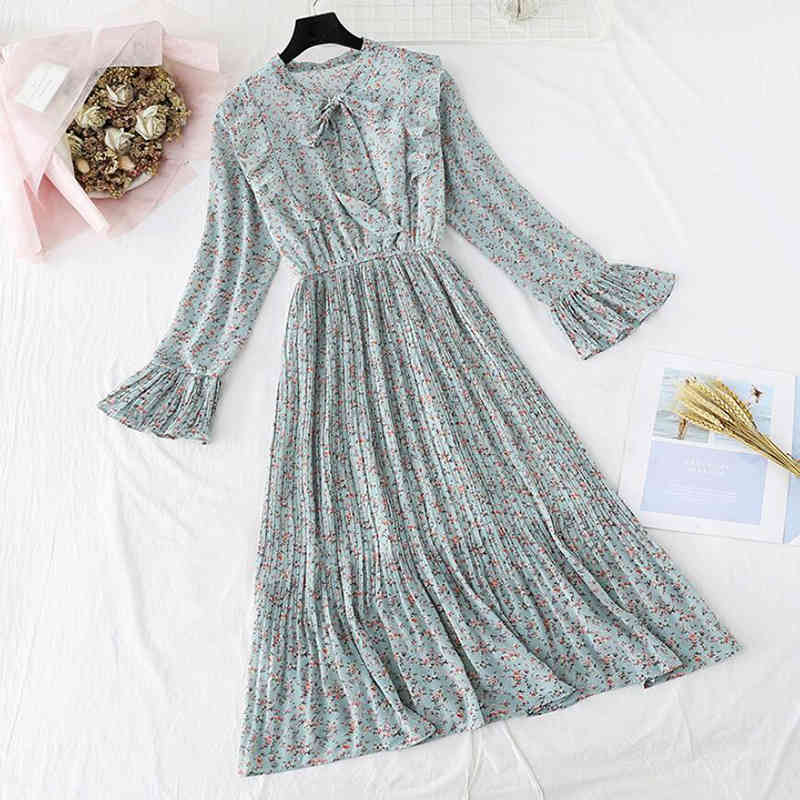 Spring Summer Women Print Pleated Chiffon Dress Fashion Female Casual Flare Sleeve Bow Vintage Basic Dresses 210521