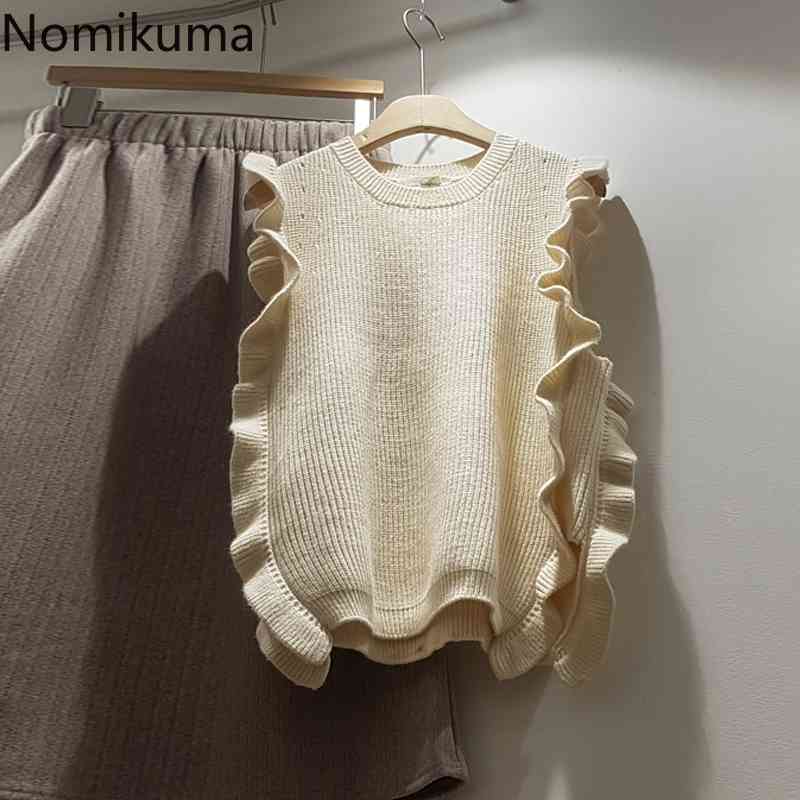 Nomikuma Ruffle Sleeveless Knitted Pullover Tops Causal O-neck Women Sweater Spring New Korean Pull Top Jumpers 6E002 210427