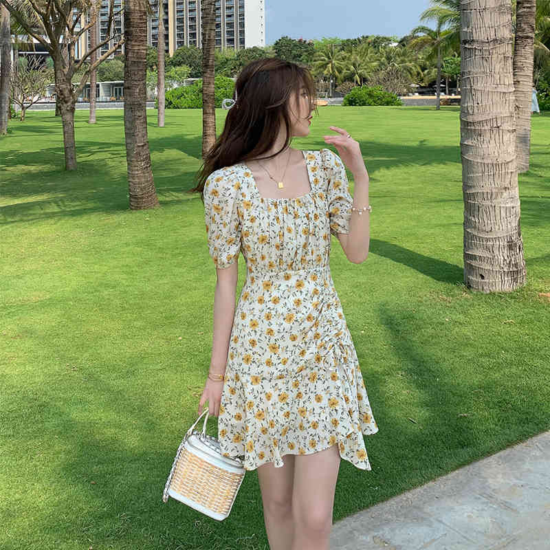Summer Camisole Dress Women Elegant Sweet Floral V-Neck Fairy Strap Dress Beach Evening Party Kawaii Dress Korean 210521