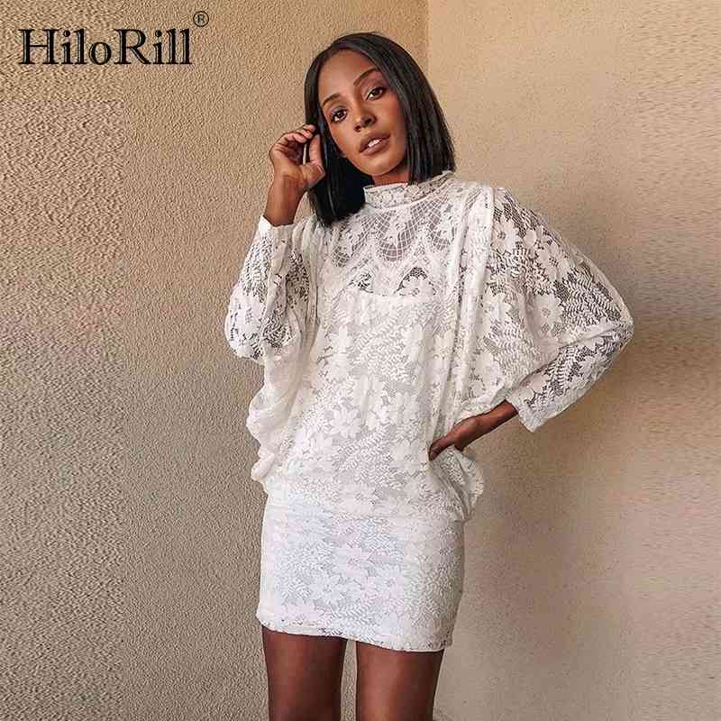 Women Lace White Dress Batwing Sleeve Two Pieces Set Mini Elegant Stand Neck Hollow Out Ladies Party es 210508