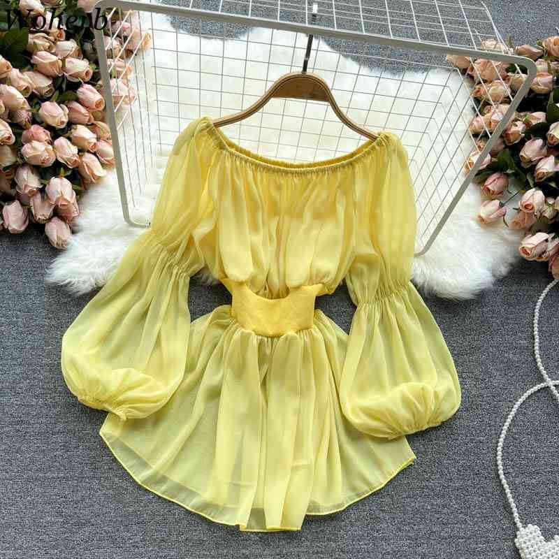 Off Shoulder Top Summer Chic Chiffon Blouse Puff Sleeve Shirt Korean Women Blusas Vintage Blouses Clothes 210519
