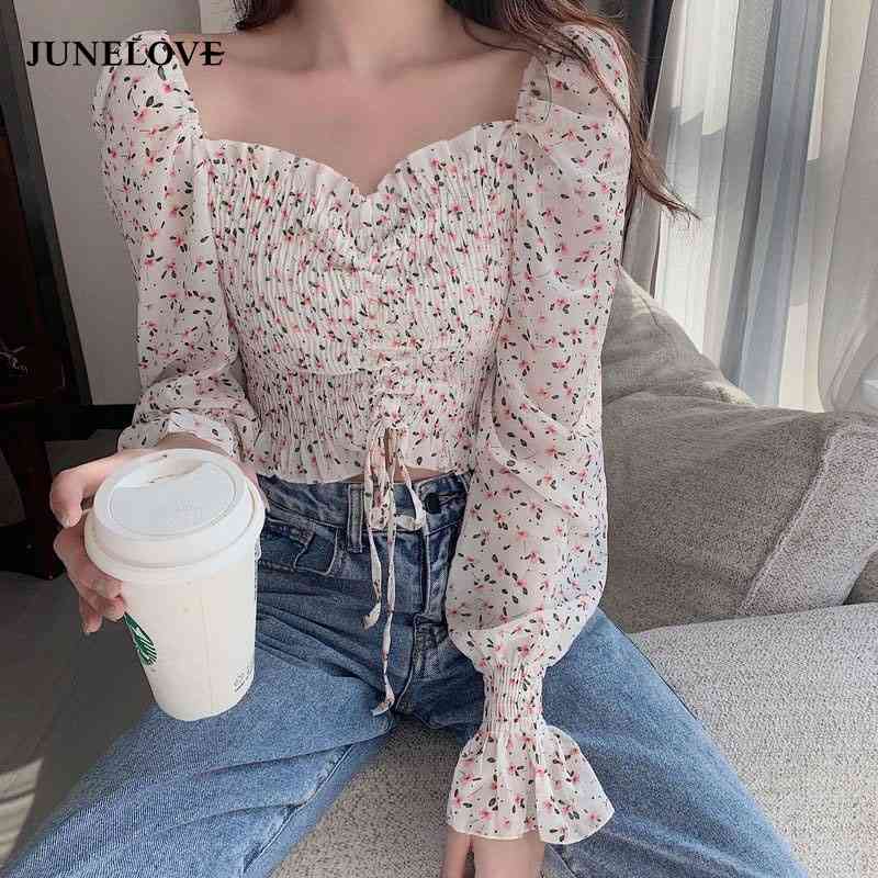 Summer Chiffon Floral Blouse Female Cropped Top Square Collar Korean Style Lantern Sleeves Flower 210510