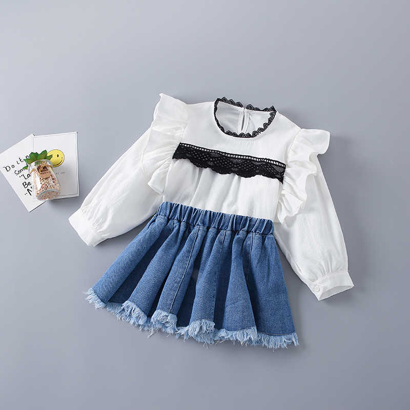 2-7 Years High Quality Spring Girl Clothing Set Fashion Casual Lace Shirt + Denim Skirt Kid Children Girls 210615