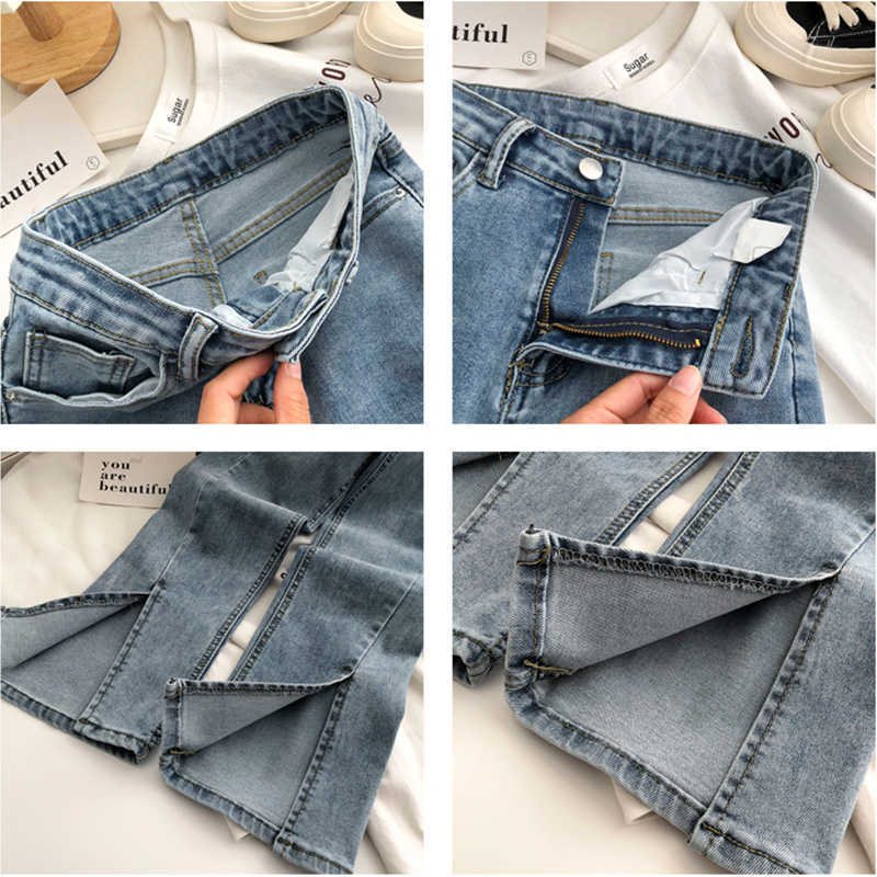 Streetwear Elastic Denim Flare Pants Woman High Waist Vintage Blue Split Jeans Korean Chic Gray Bell Bottom Female 210922