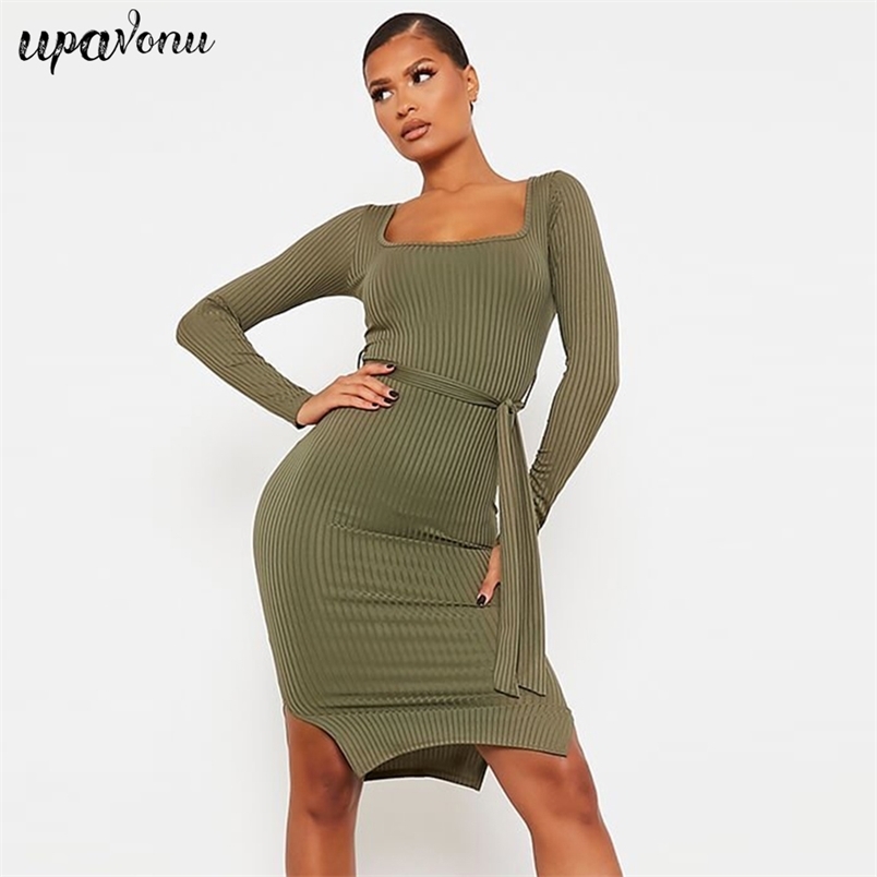 Free Women's Green Striped Dresses Square Neck Long Sleeve Split Bodycon Tie Dress Club Night Party Vestidos 210524