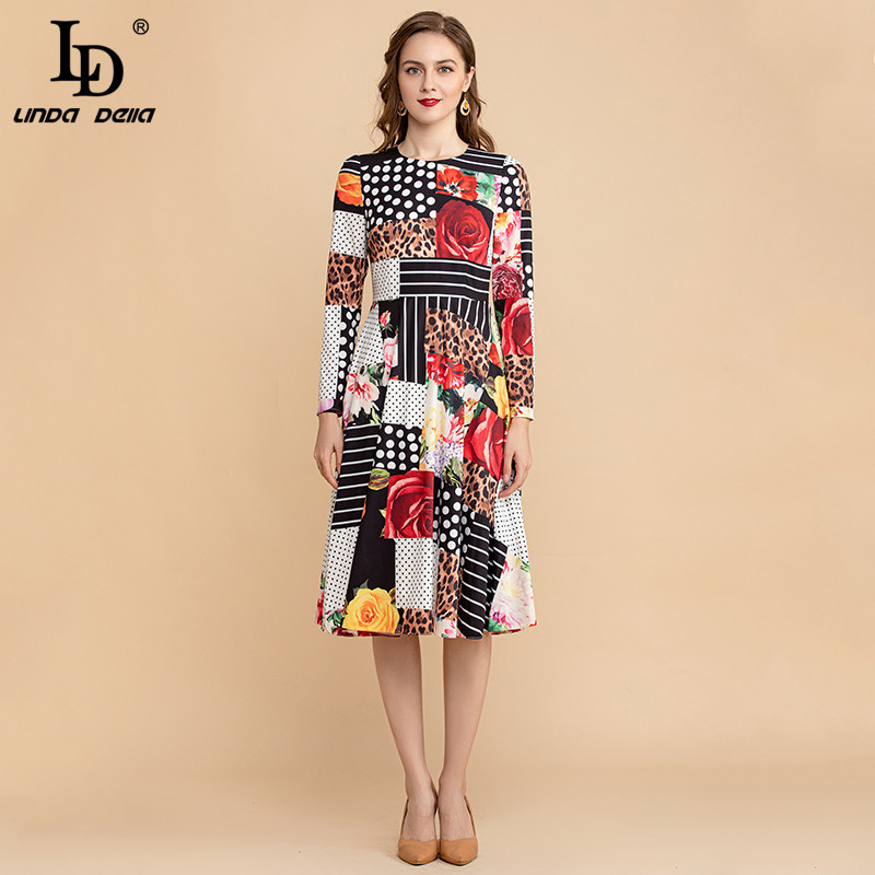 Summer O-Neck Fashion Leopard Polka Dot Floral print Women Vintage Midi Dress Runway A Line Party Vestidos 210522