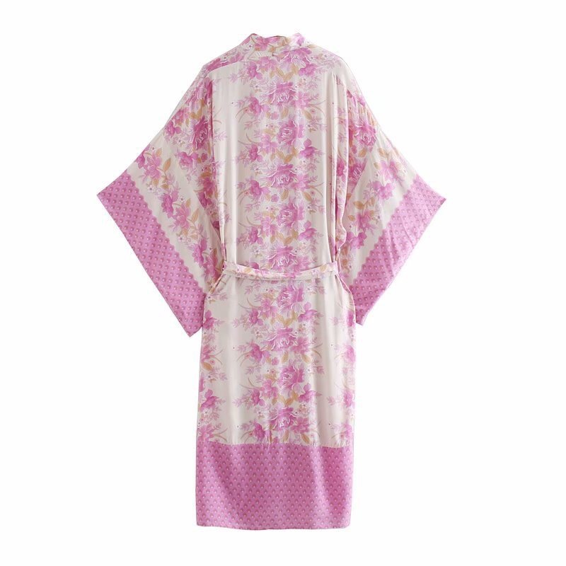 Autumn BOHO Location Floral Print Long Kimono Shirt Green Hippie Women Tie Bow Sashes Cardigan Loose Blouse Tops Holiday 210429