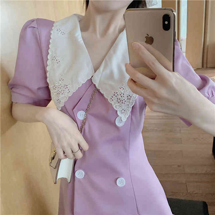 Summer Women Purple Dress Turn down collar Short Sleeves Double-breasted Mini Vestidos Office Lady Wearing 210519