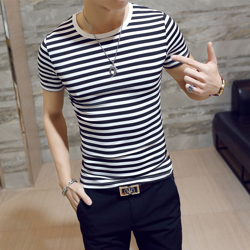 summer Print pattern Men's T-Shirts Self cultivation Tight fit Striped short sleeve Leisure simplicity Outdoor street