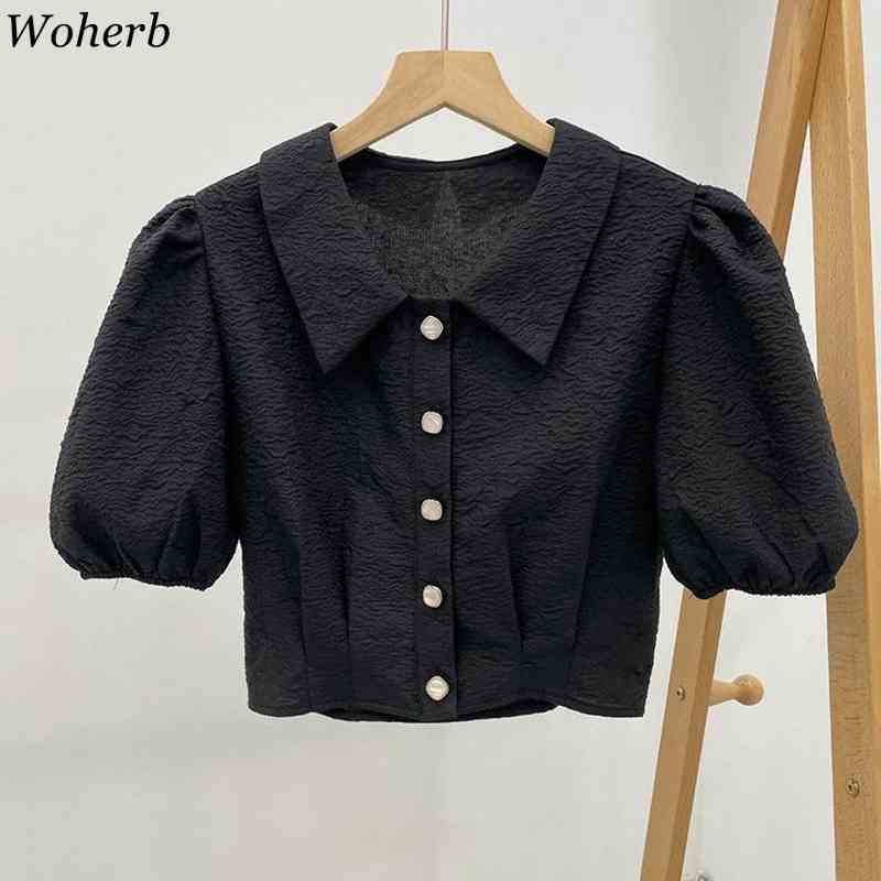 Chic Korean Short Puff Sleeve Women Blouses Shirts Single-breasted Tops Elegant Fashion Blusas Vintage Blouse 210519