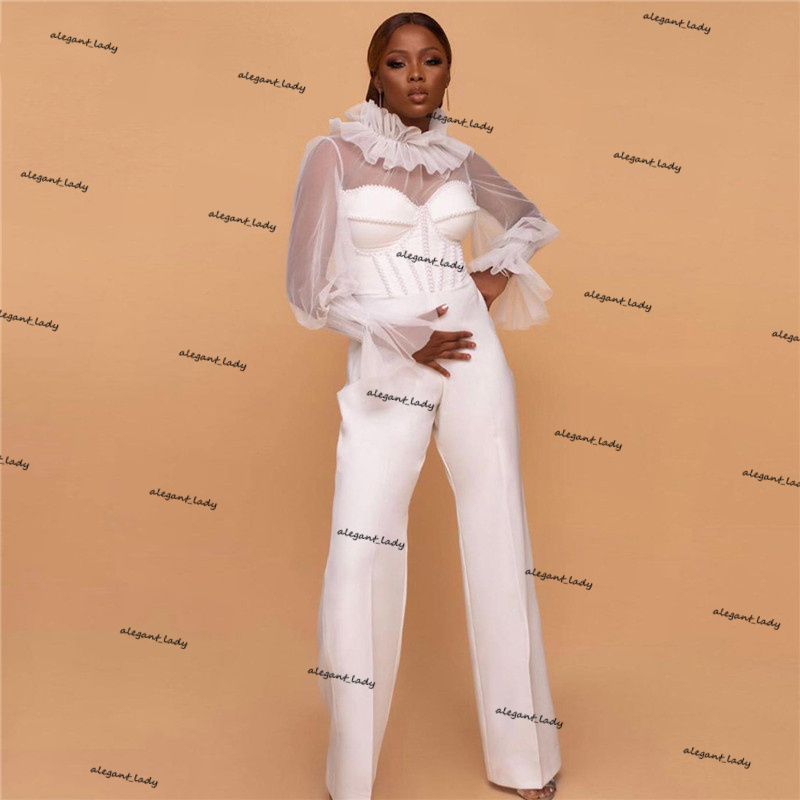 African Jumpsuit Prom Dresses 2021 Illusion Long Sleeve High Neck Vestido De Noiva Black Girl Evening Gown Pant Suit