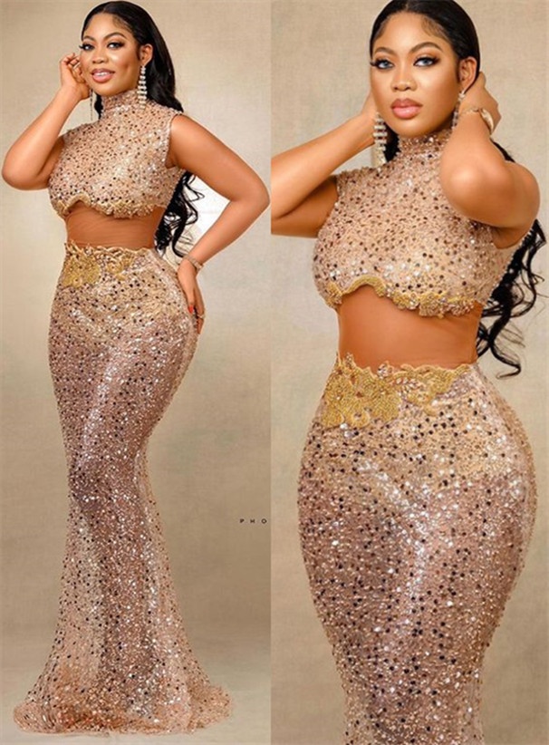 2022 Plus Size Arabic Aso Ebi Gold Mermaid Sexy Prom Dresses Beaded Crystals Sparkly Evening Formal Party Second Reception Birthday Engagement Gowns D