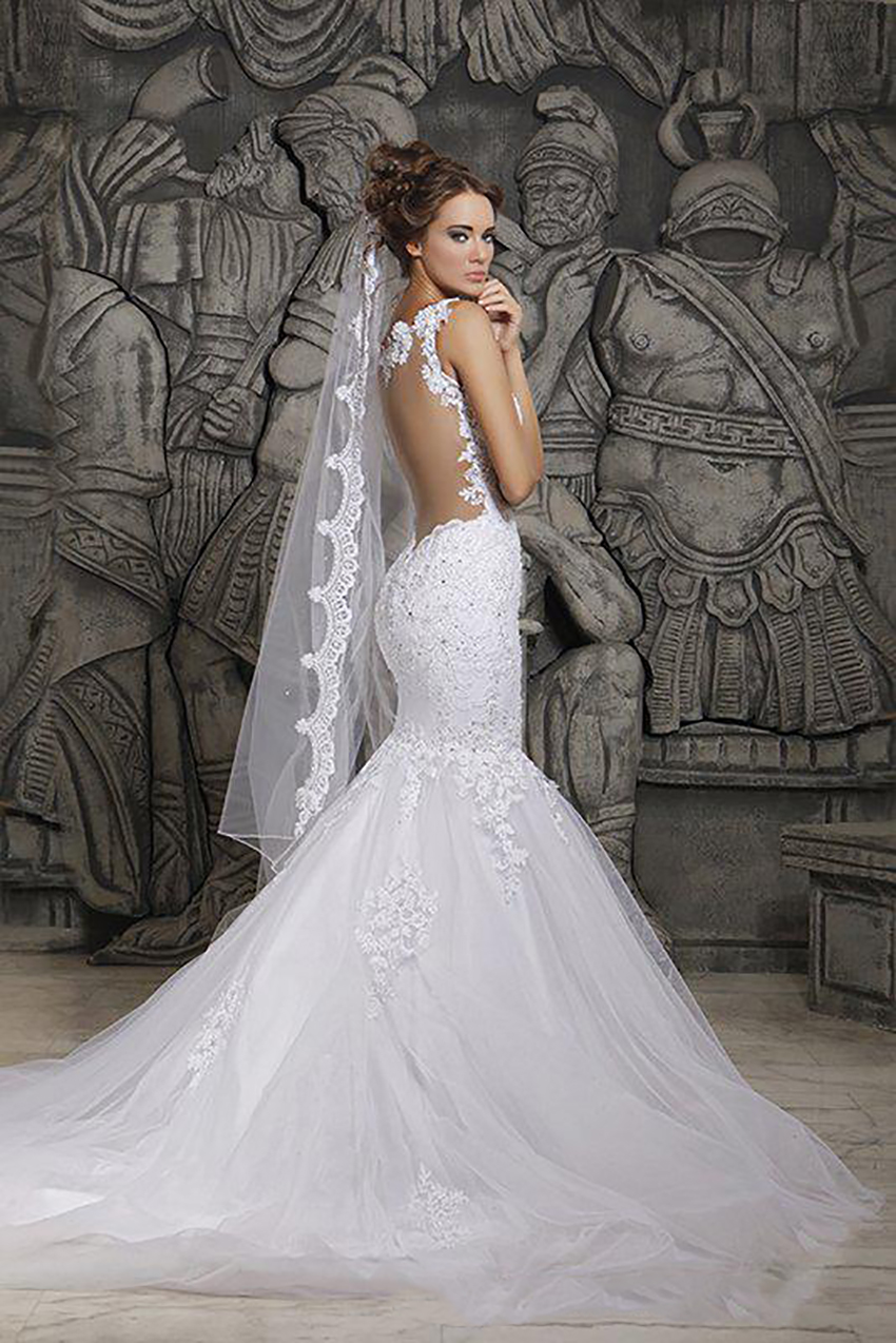 Custom Made 2021 Beautiful Court Train Illusion Transparent Back Beaded Lace Mermaid Spring Wedding Dresses Bridal Gowns 0509