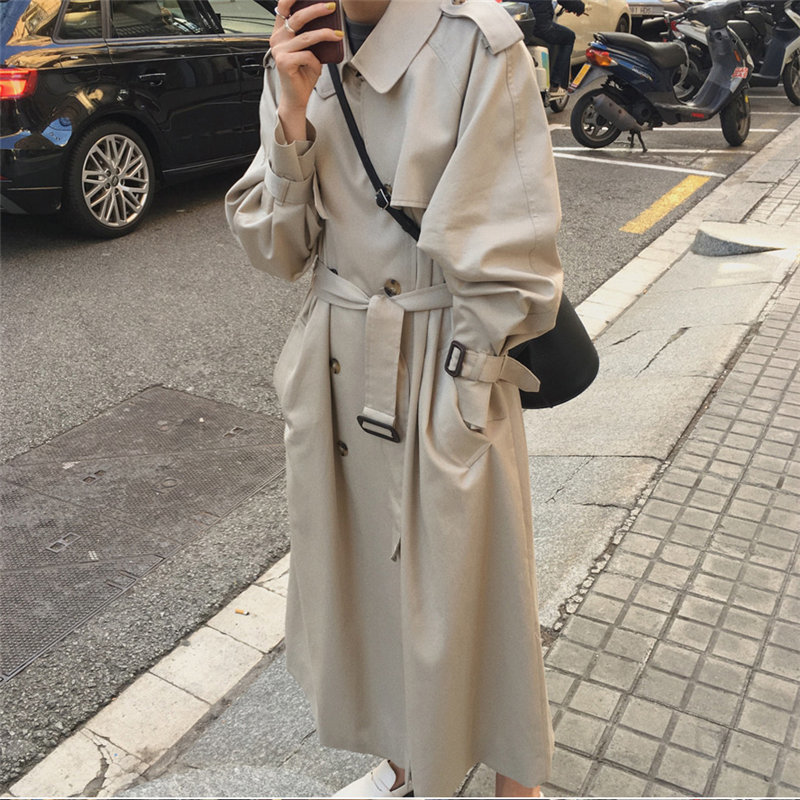England Classic Long Trench Coat Belt Female Plus Fashion OL Overcoat Slim All Match Loose Slender Lady Windbreaker 210421
