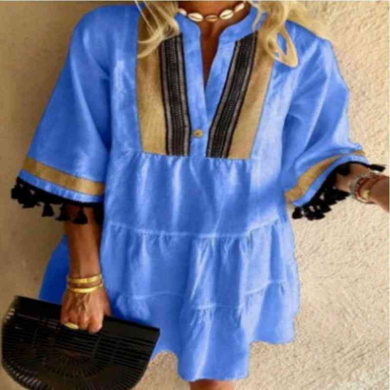 Fashion Tassel Sleeve Women Dress V Neck Lady Patchwork Dress Loose Casual Empire Knee Length Tassel Sleeve Dress 210331Z