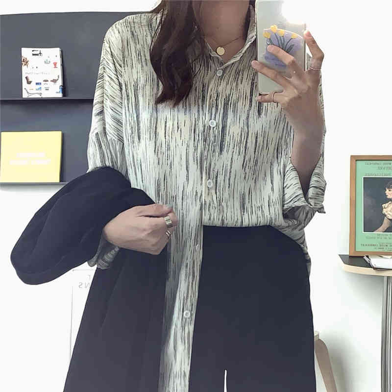 Green Full Sleeves Office Lady Striped Tops OL Casual Summer Brief Printed Lapel Vintage Outwear Femme Shirts 210421