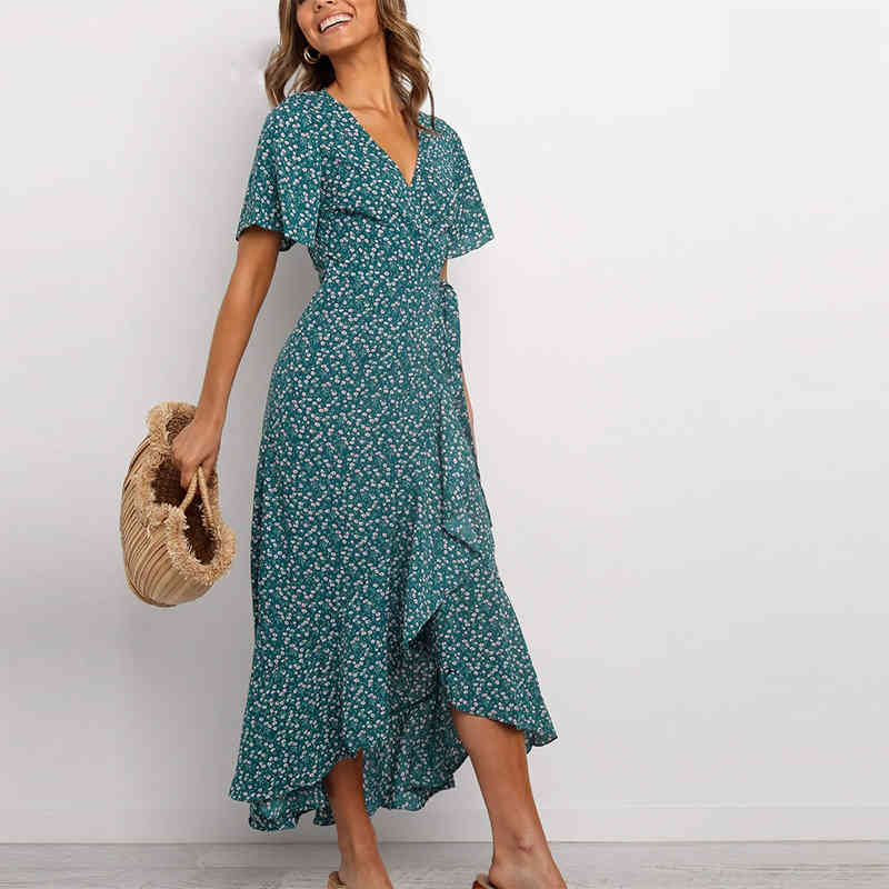 Women V Neck Floral Print Beach Long Dress Flare Short Sleeve Casual Maxi Dress Summer Bandage Wrap Dress Femme Robe 210414