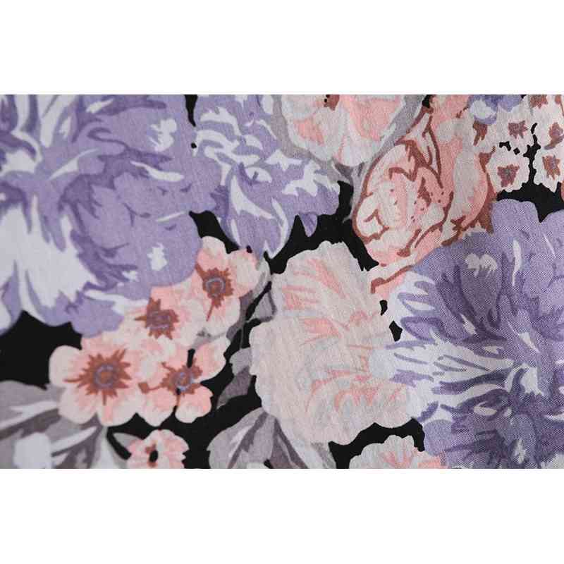 BOHO Lacing up V neck Purple Floral Print Maxi Long Cotton Dress Ethnic Woman Bandage Sleeve Dresses Holiday Vestido 210429