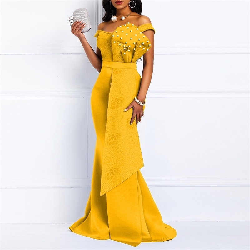 Yellow Off Shoulder Mermaid Beading Maxi Dress For Women, Sexy Prom Evening Wedding Party Or Length, Polyester, Short Sleeve,