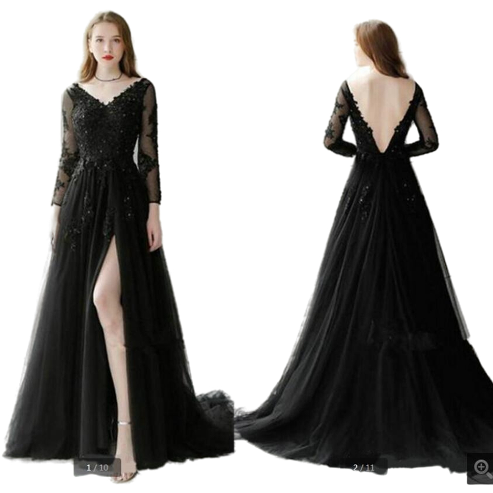 Black Tulle V Neck A Line Prom Dresses Long Sleeve Beaded Lace Appliques Elegant Formal Evening Party Gowns Backless Sexy Side Slit Red Carpet Dress F