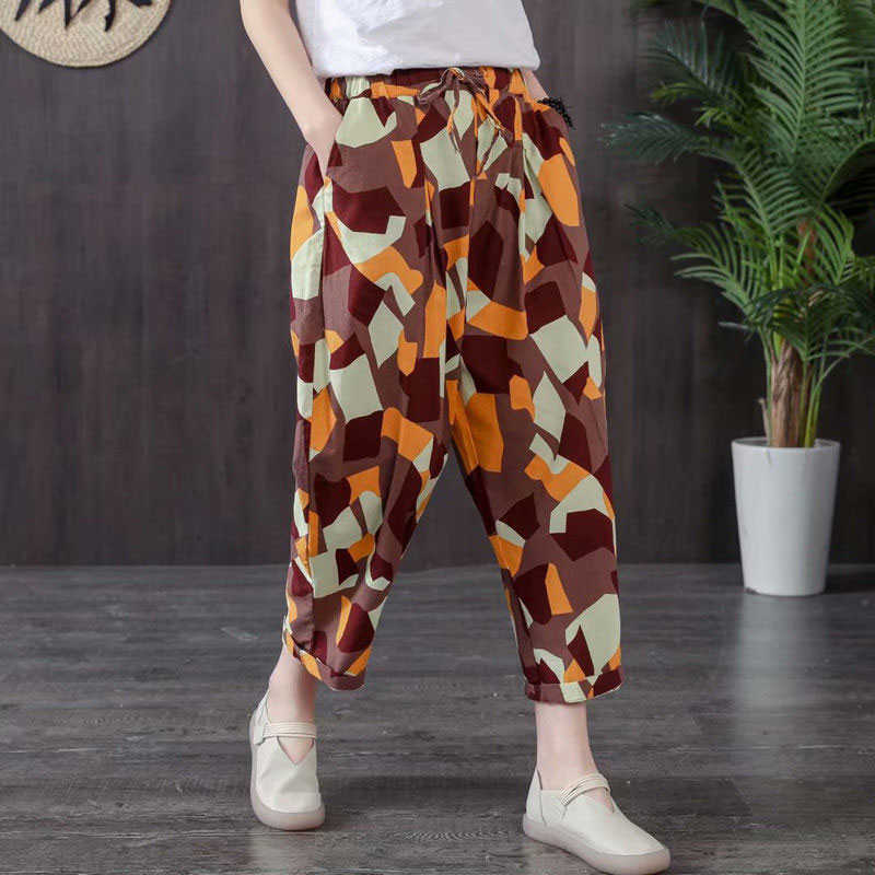 F&je Spring Summer Women Pants Plus Size Elastic Waist Geometric Cotton Linen Harem Pants Vintage print Loose Wide Leg Pants D44 211006