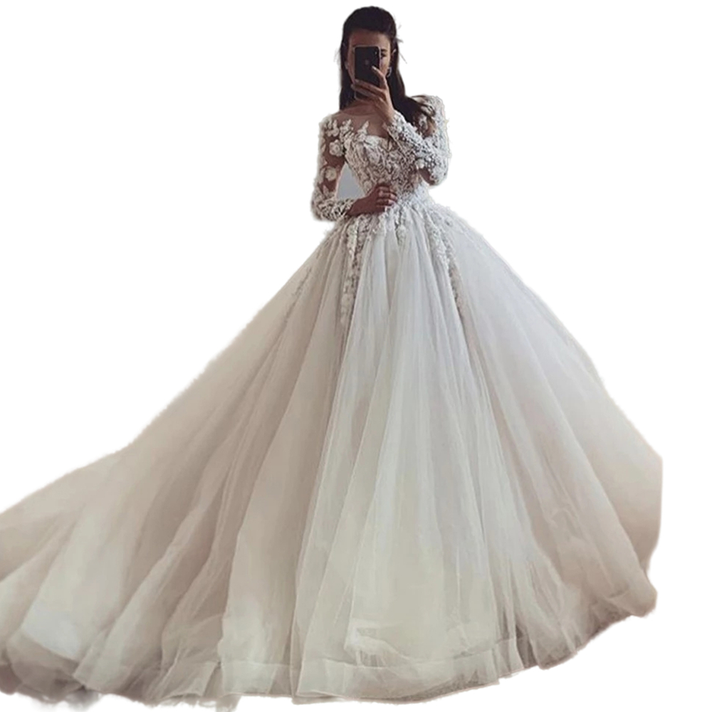 Ivory Princess A Line Wedding Dresses Long Sleeves Bride Dress Appliques Lace Floral Beaded Illusion Tulle Buttons Back Bridal Gowns 2022 Spring Autum