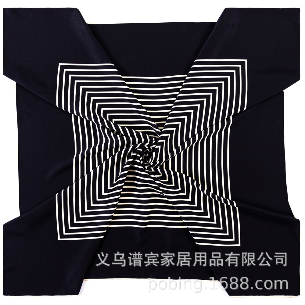 New Style Hand-curled Silk Scarf Women 90cm Twill Square Geometric Stripe Printing Shawl Turban Handkerchief