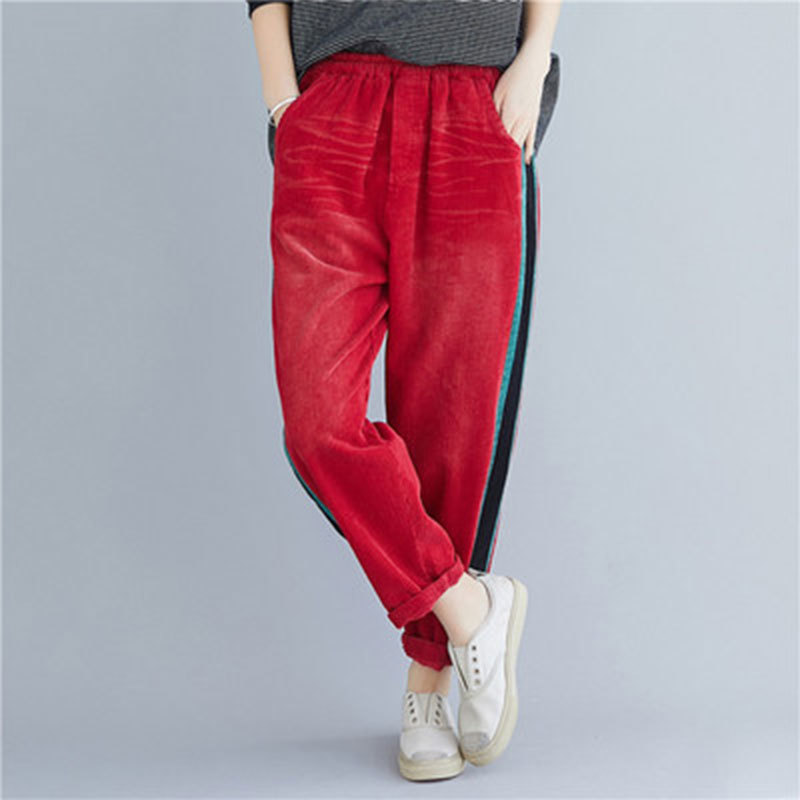 Autumn Fashion Women Elastic Waist Loose Corduroy Pants Allmatched Casual Side Stripe Harem Plus Size M701 210512