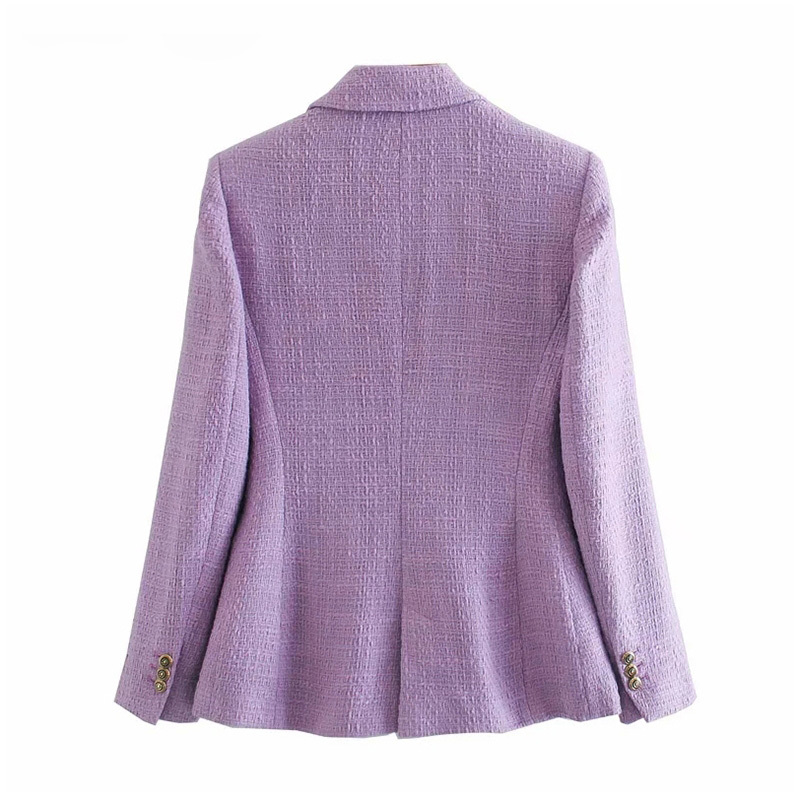 Fashion Double Breasted Purple Tweed Blazer Women Office Wear Chic Jacket Coat Elegant Long Sleeve Outerwear Tops 210414