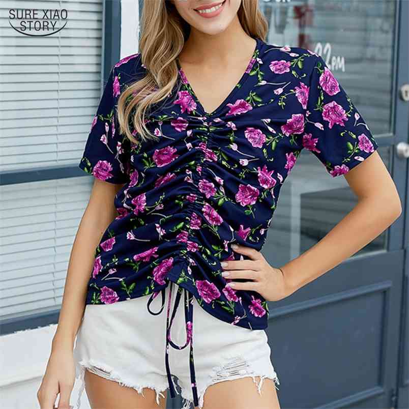 Blusas Mujer De Moda Summer Blouse Women Print Short Sleeve Tops Elegant Office Lady V-neck Shirt Drawstring Top 9848 210506