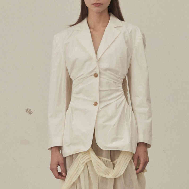 VGH Casual White Tunic Blazer For Women Notched Long Sleeve Hollow Out Minimalist Blazers Female Fashion New Clothing Tide 210421