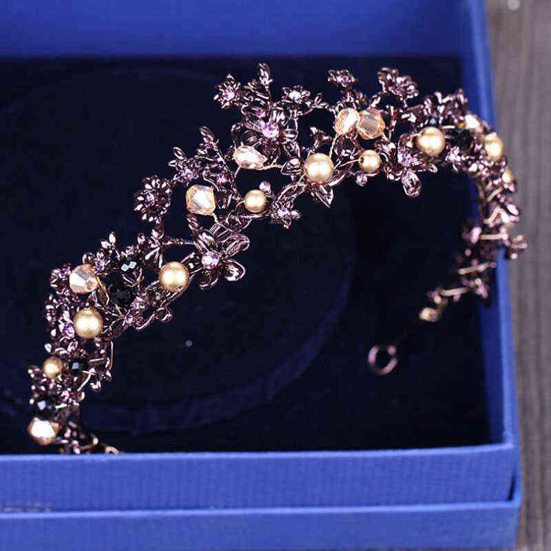 Baroque Vintage Purple Crystal Wedding Bridal Tiaras Hairband Headpiece Black Princess Pageant Crown Hair Accessories 211109
