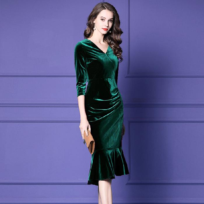 Elegant Gold Velvet Dress V-neck Solid Spring/Autumn Stretch Slim Knee-Length Evening Party Vestidos Large Size 4xL Dresses Casual