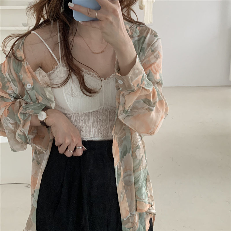 Chic Fashion Florals Printed Fresh Sunscreen Korean Loose Long Sleeve OL Basic Blouses All Match Leisure Shirts 210421