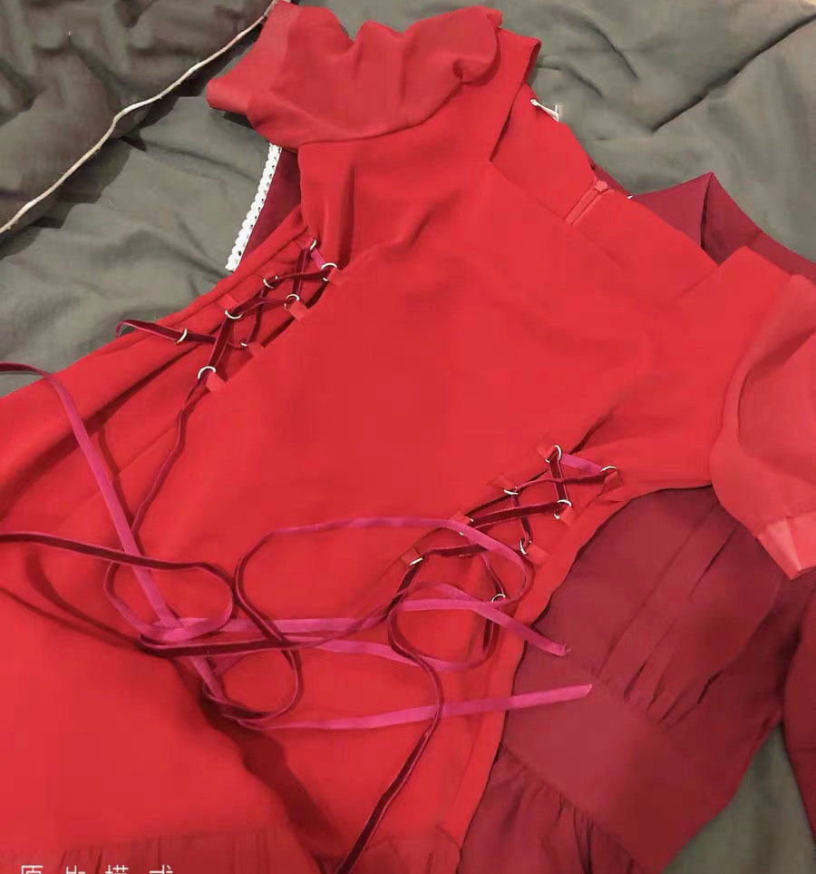 red dress women straw string square collar lace up puff sleeve A-line Lolita midi chic summer robe femme vestidos 210421