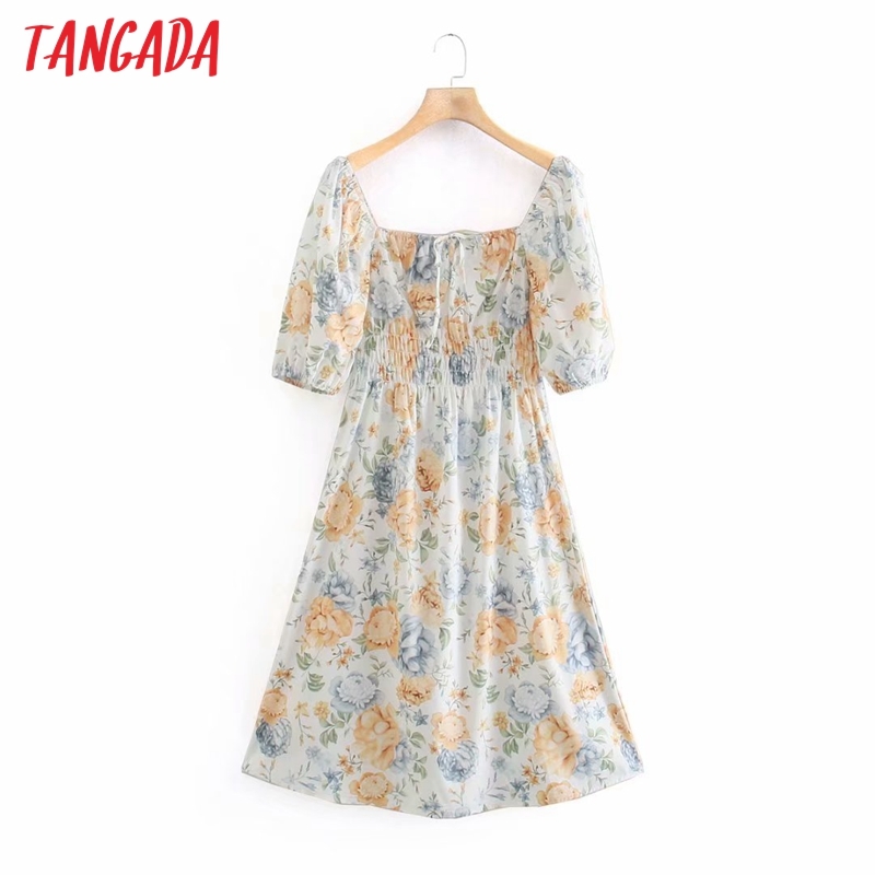 Summer Women Floral Print Midi Square Neck Short Sleeve Ladies Dress Vestidos XN333 210416