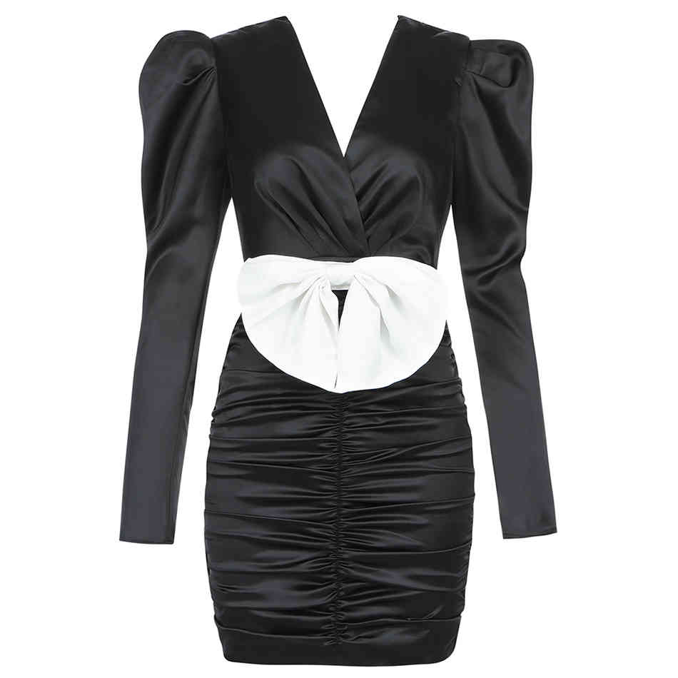 Free Women's Black Sexy Dress V-neck Puff Sleeve Bow Belt Bodycon Draped Club Nightclub Party Vestidos 210524