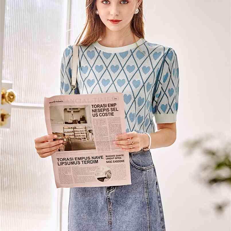 Fashion Women's Knitwear Summer Loose Round Neck Short Sleeve Blue Love Top T-shirt 210520
Fashion Women's Knitwear Summer Loose Round Neck Short Sleeve Blue Love Top T-shirt 210520