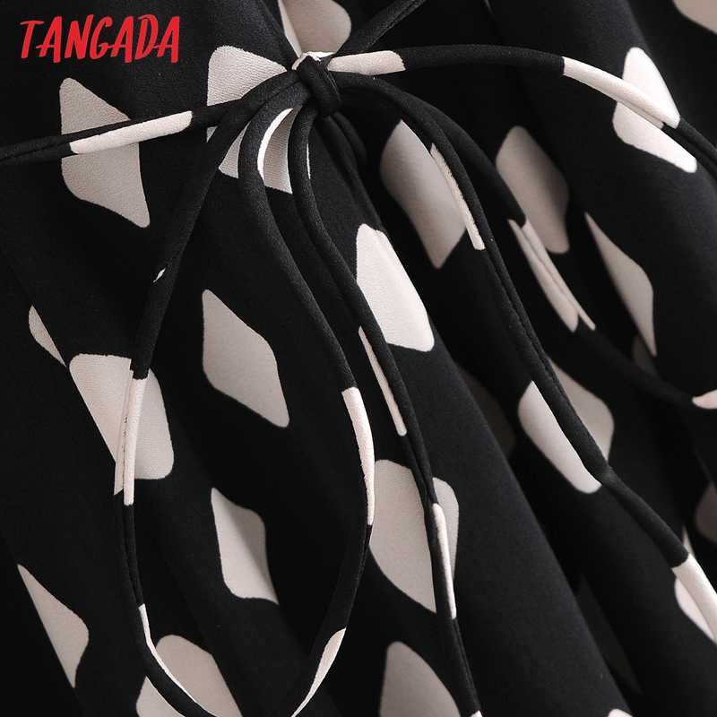 Tangada Spring Fashion Women Geometry Print Bow Tie Shirt Dress Long Sleeve Office Ladies Midi Dress With Slash 3A61 210630
