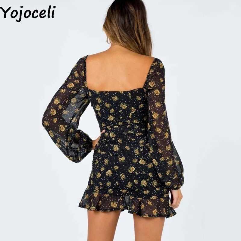 Yojoceli Elegant floral print ruffle dres Spring short chiffon beach casual Cool daily mini sexy vestidos 210609