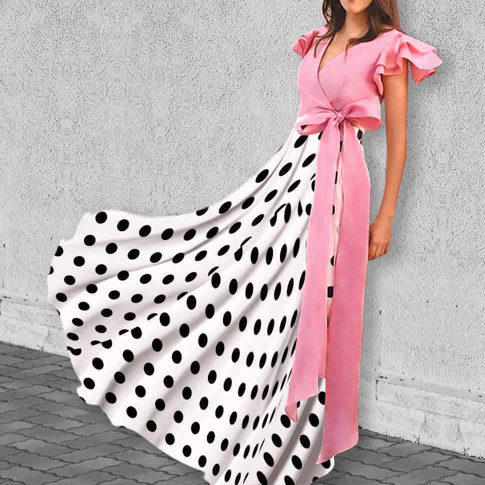 Women Dress Butterfly Sleeve V-neck Bandage Sexy Dresses Color Matching Plus Size Pink Dot Summer Clothes 210524